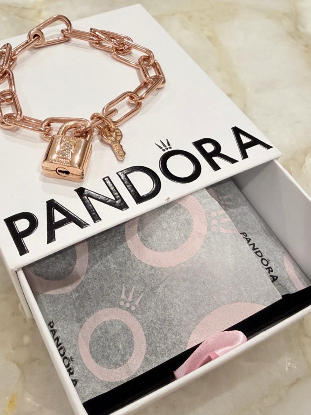 Pandora Rose Gold Link Bracelet with Padlock and Key Charms